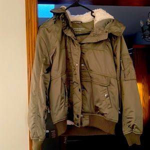 American Eagle Olive Green Satin Sherpa Bomber